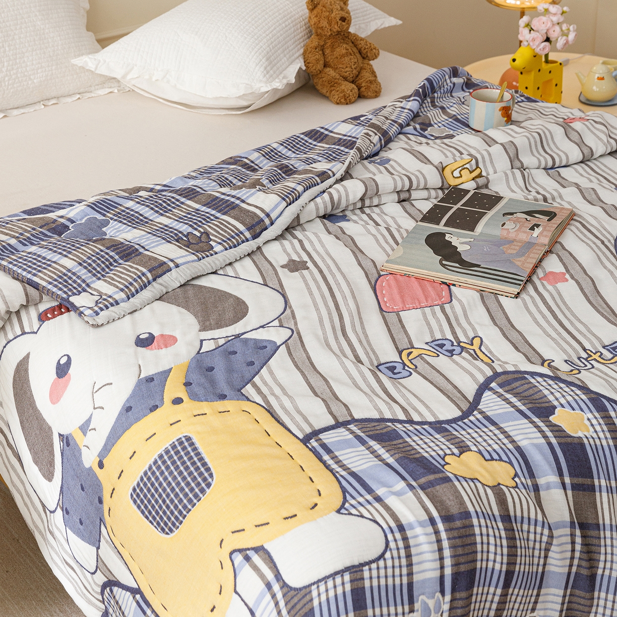 91家纺网 家纺一手货源 找家纺 朴尔家纺-毛巾被 2026新品十层轻肤纯棉云朵棉色织提花纱布泡芙被毛巾被 喜乐象