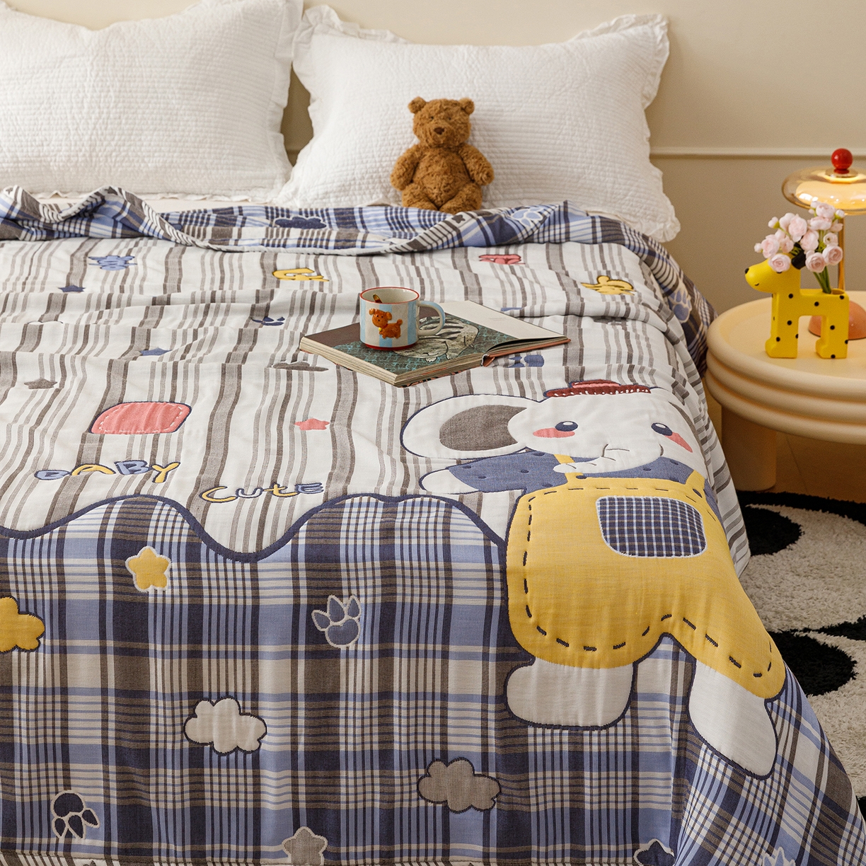 91家纺网 家纺一手货源 找家纺 朴尔家纺-毛巾被 2026新品十层轻肤纯棉云朵棉色织提花纱布泡芙被毛巾被 喜乐象