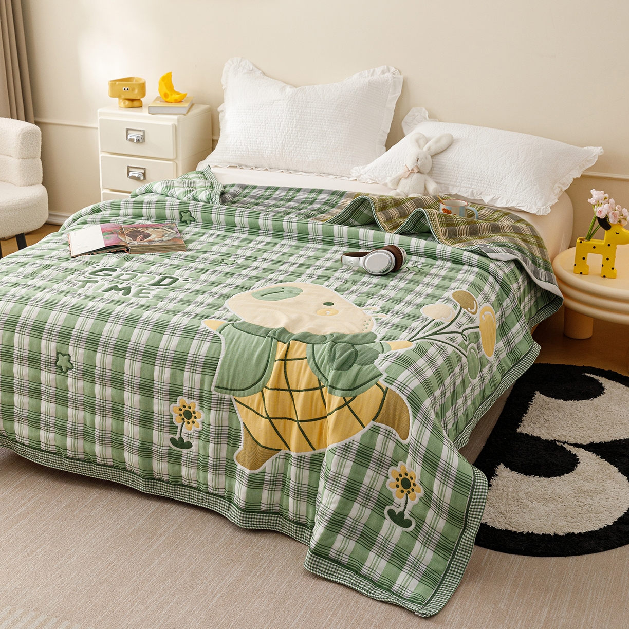 91家纺网 家纺一手货源 找家纺 朴尔家纺-毛巾被 2026新品十层轻肤纯棉云朵棉色织提花纱布泡芙被毛巾被 气球卡皮-绿