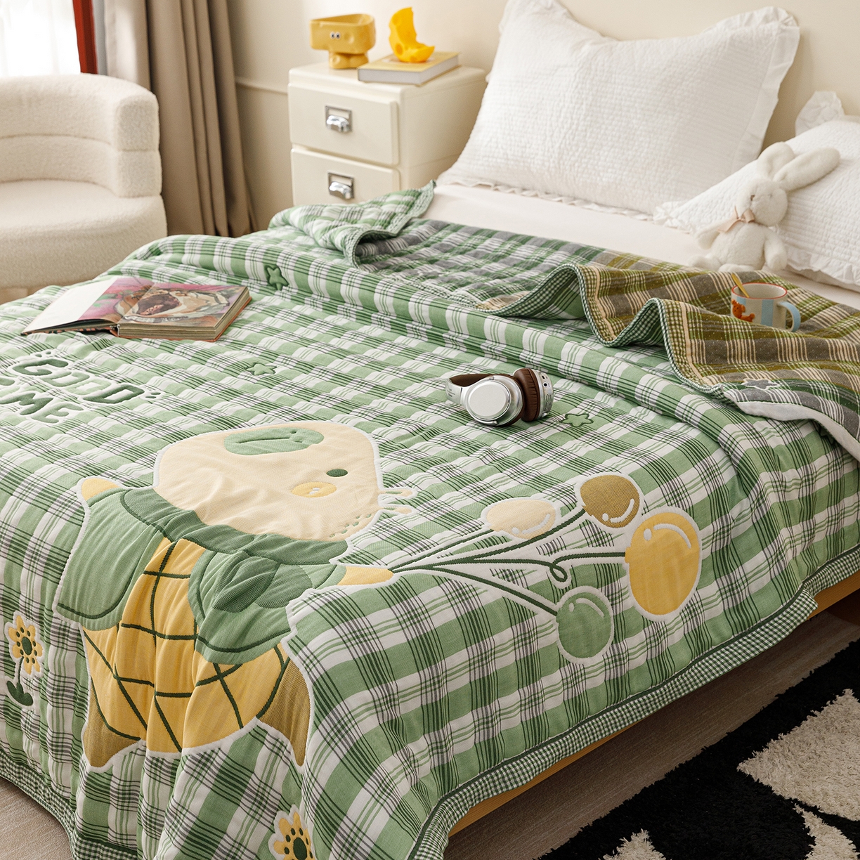 91家纺网 家纺一手货源 找家纺 朴尔家纺-毛巾被 2026新品十层轻肤纯棉云朵棉色织提花纱布泡芙被毛巾被 气球卡皮-绿