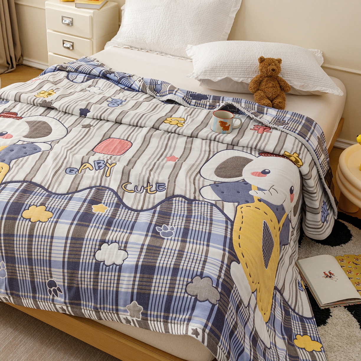 91家纺网 家纺一手货源 找家纺 朴尔家纺-毛巾被 2026新品十层轻肤纯棉云朵棉色织提花纱布泡芙被毛巾被 喜乐象