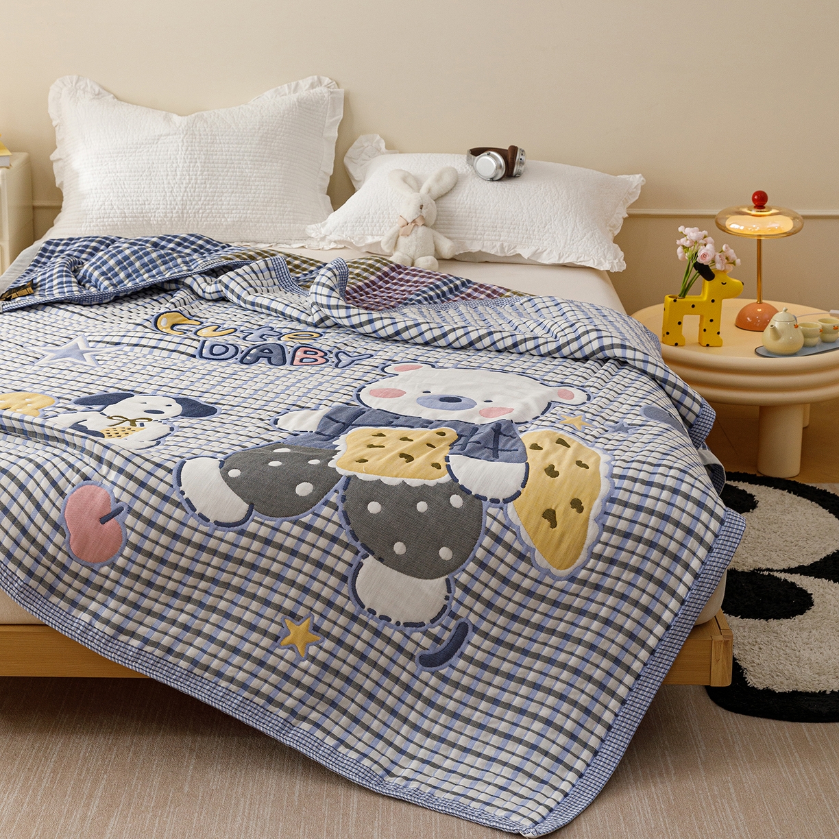 91家纺网 家纺一手货源 找家纺 朴尔家纺-毛巾被 2026新品十层轻肤纯棉云朵棉色织提花纱布泡芙被毛巾被 萌萌宝贝