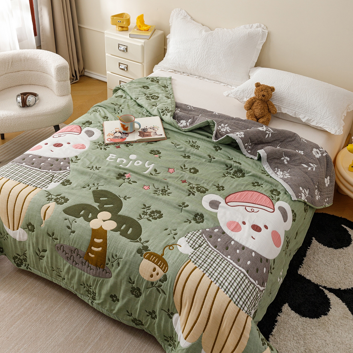 91家纺网 家纺一手货源 找家纺 朴尔家纺-毛巾被 2026新品十层轻肤纯棉云朵棉色织提花纱布泡芙被毛巾被 花园坚果熊-绿