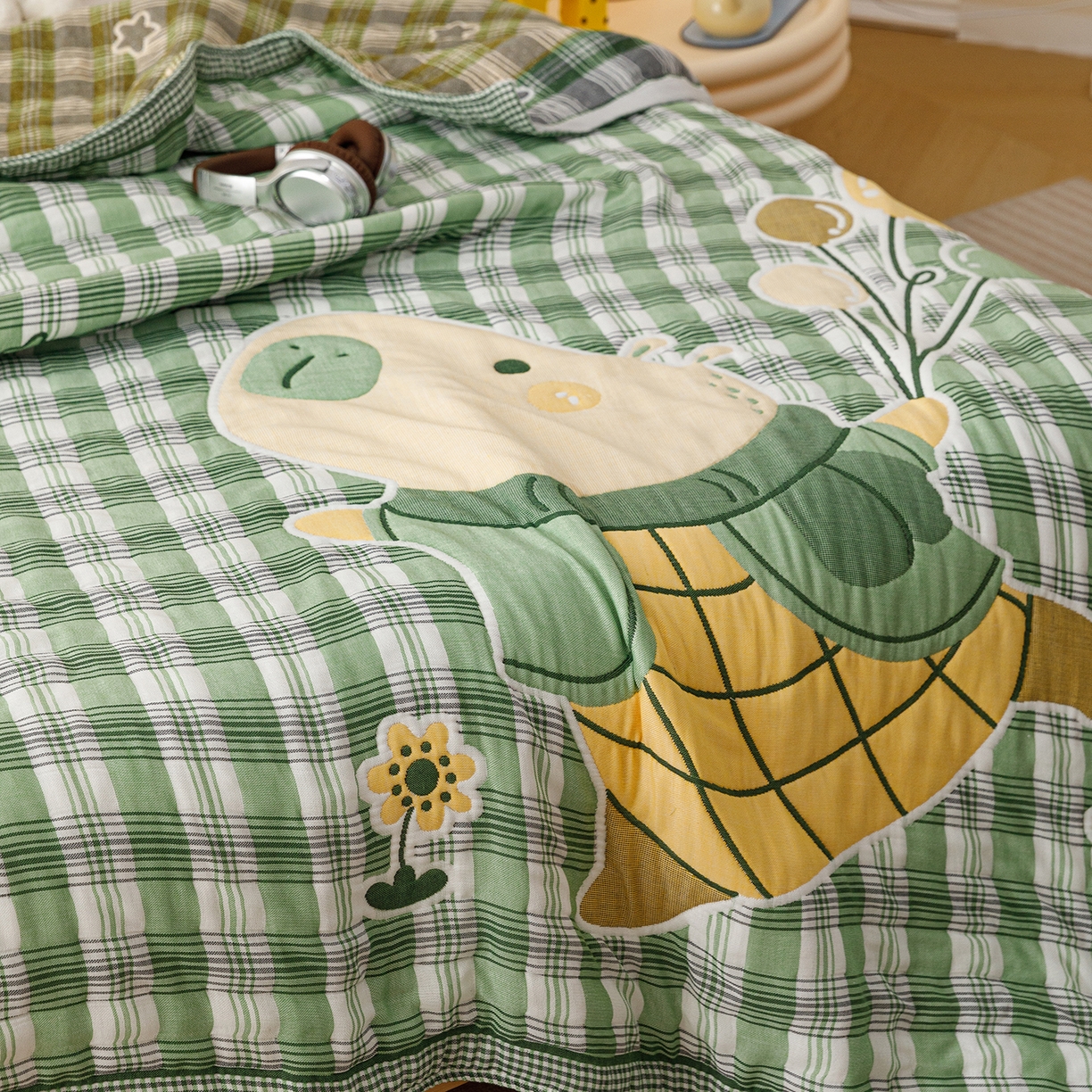 91家纺网 家纺一手货源 找家纺 朴尔家纺-毛巾被 2026新品十层轻肤纯棉云朵棉色织提花纱布泡芙被毛巾被 气球卡皮-绿