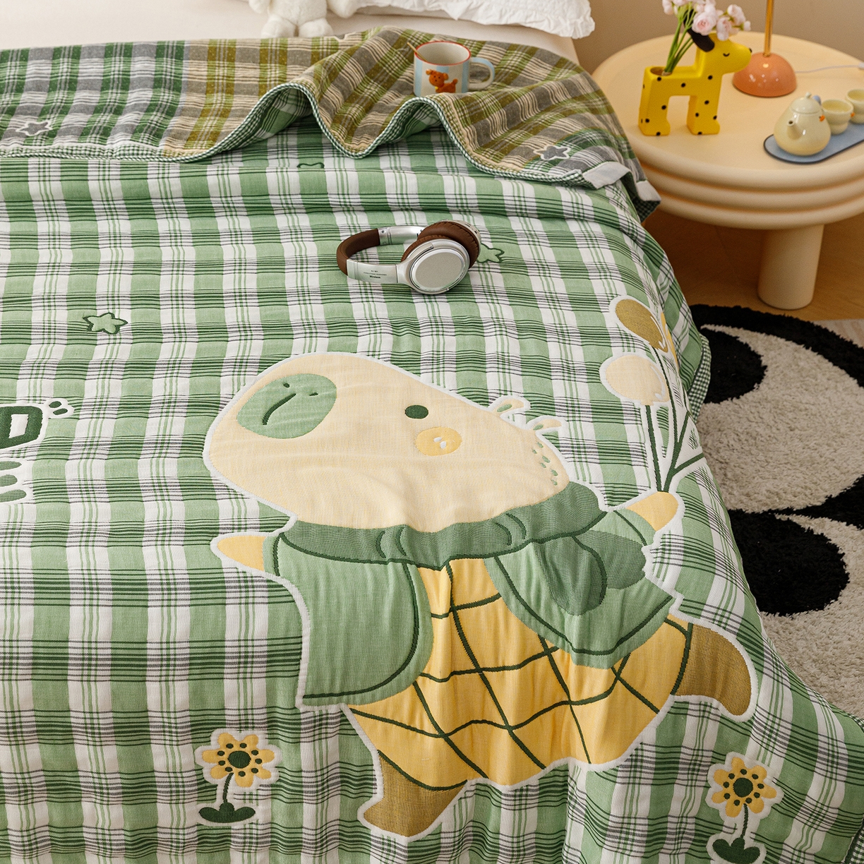 91家纺网 家纺一手货源 找家纺 朴尔家纺-毛巾被 2026新品十层轻肤纯棉云朵棉色织提花纱布泡芙被毛巾被 气球卡皮-绿