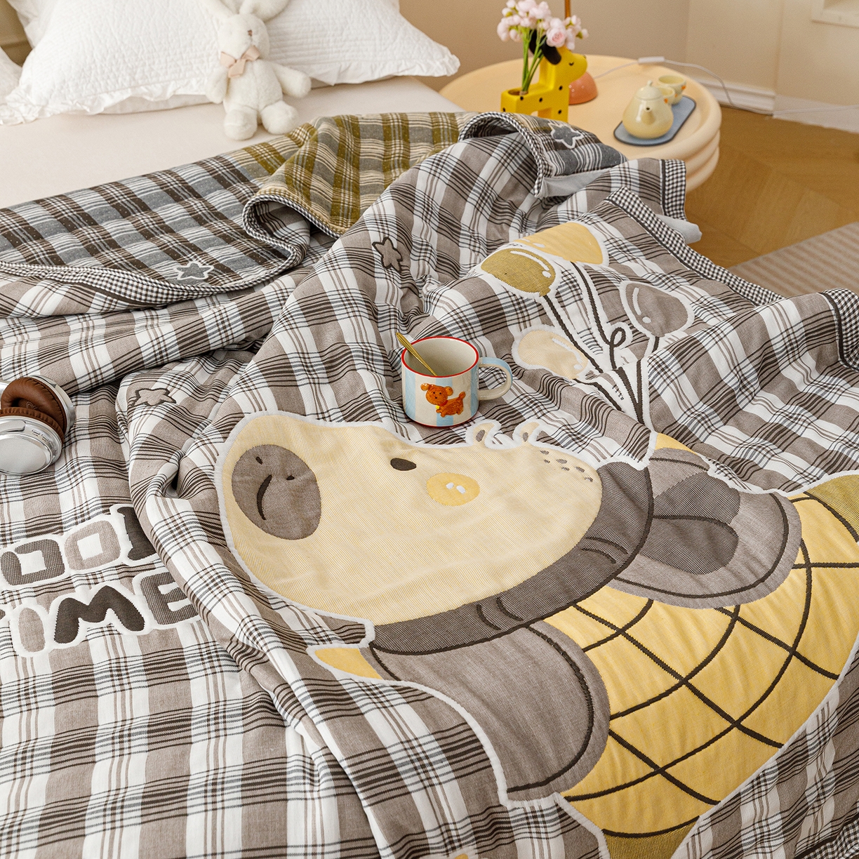 91家纺网 家纺一手货源 找家纺 朴尔家纺-毛巾被 2026新品十层轻肤纯棉云朵棉色织提花纱布泡芙被毛巾被 气球卡皮-灰