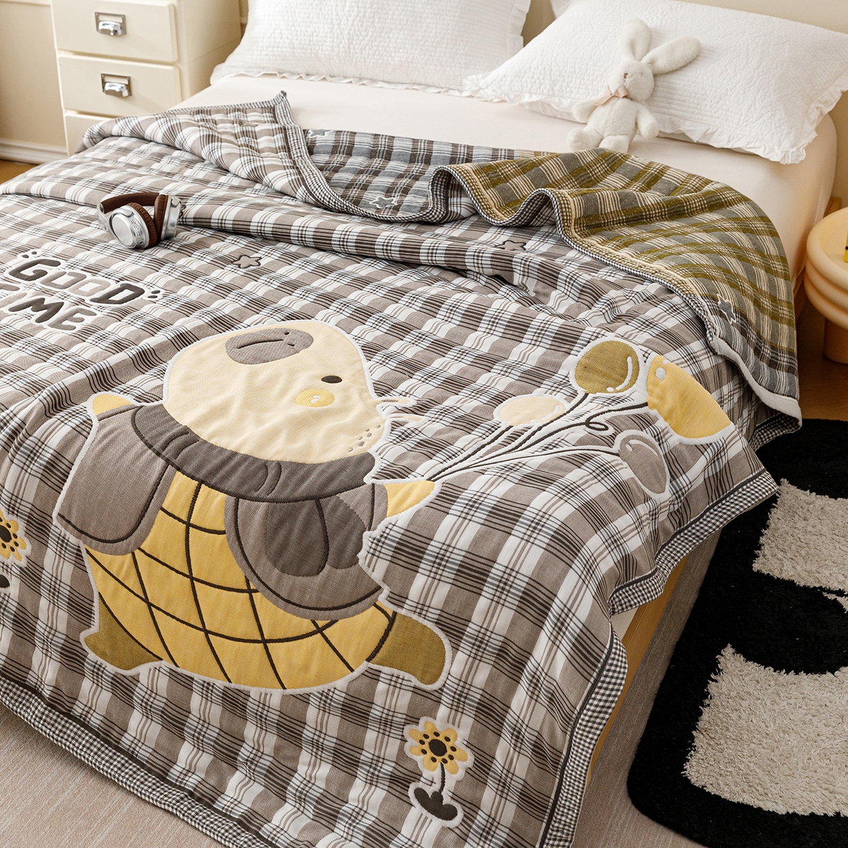 91家纺网 家纺一手货源 找家纺 朴尔家纺-毛巾被 2026新品十层轻肤纯棉云朵棉色织提花纱布泡芙被毛巾被 气球卡皮-灰