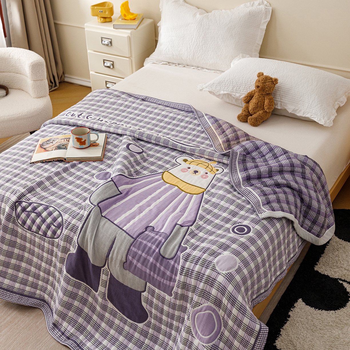 91家纺网 家纺一手货源 找家纺 朴尔家纺-毛巾被 2026新品十层轻肤纯棉云朵棉色织提花纱布泡芙被毛巾被 贝尔熊-紫