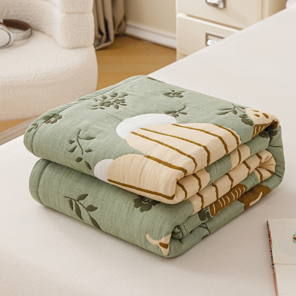 朴尔家纺-毛巾被 2026新品十层轻肤纯棉云朵棉色织提花纱布泡芙被毛巾被 花园坚果熊-绿