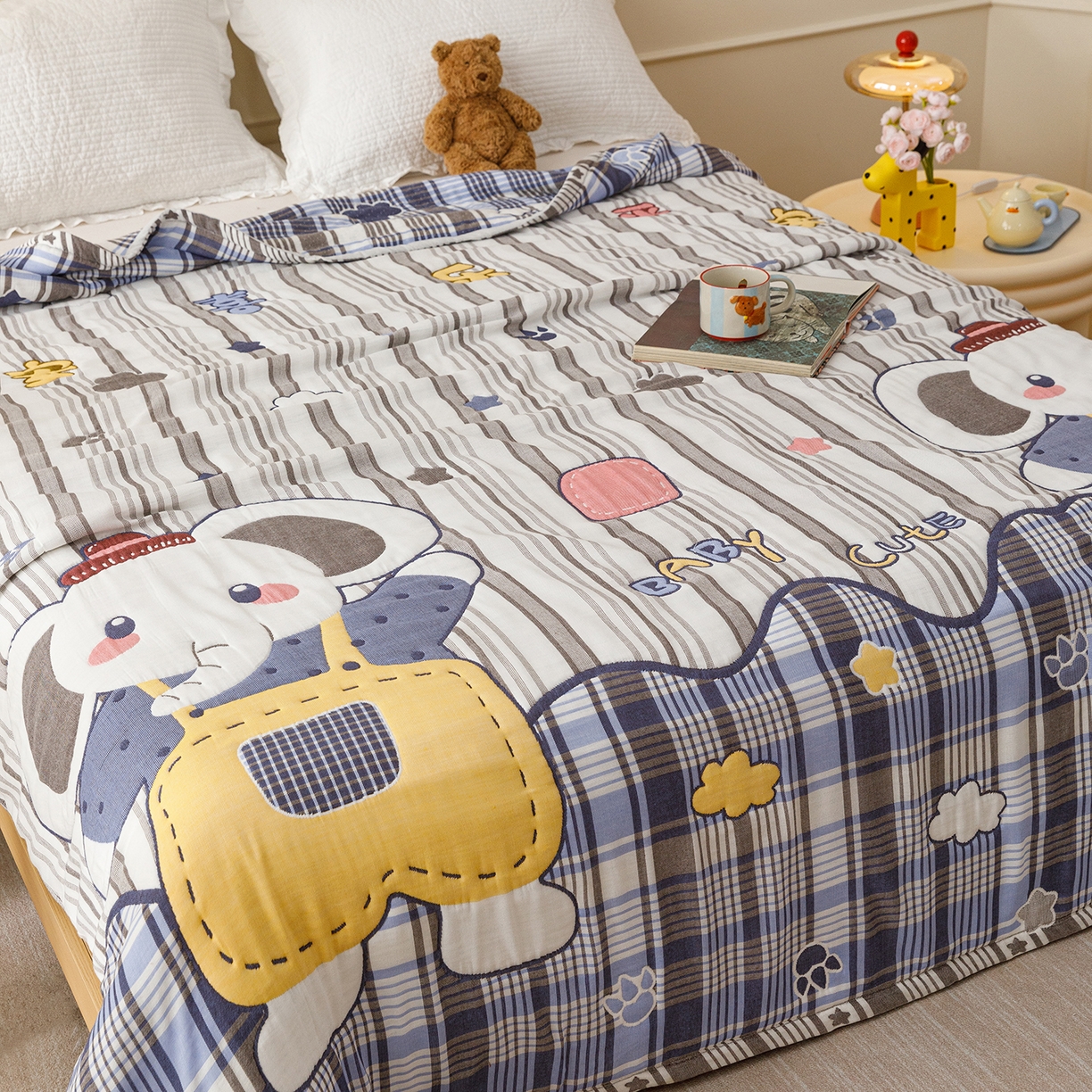 91家纺网 家纺一手货源 找家纺 朴尔家纺-毛巾被 2026新品十层轻肤纯棉云朵棉色织提花纱布泡芙被毛巾被 喜乐象