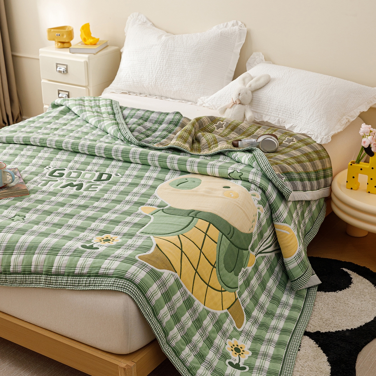 91家纺网 家纺一手货源 找家纺 朴尔家纺-毛巾被 2026新品十层轻肤纯棉云朵棉色织提花纱布泡芙被毛巾被 气球卡皮-绿