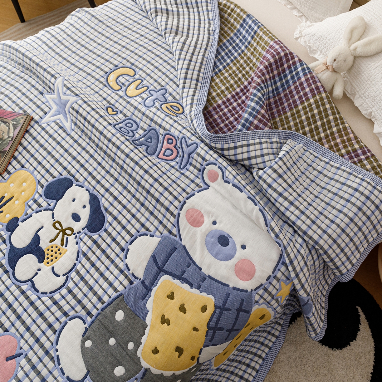 91家纺网 家纺一手货源 找家纺 朴尔家纺-毛巾被 2026新品十层轻肤纯棉云朵棉色织提花纱布泡芙被毛巾被 萌萌宝贝