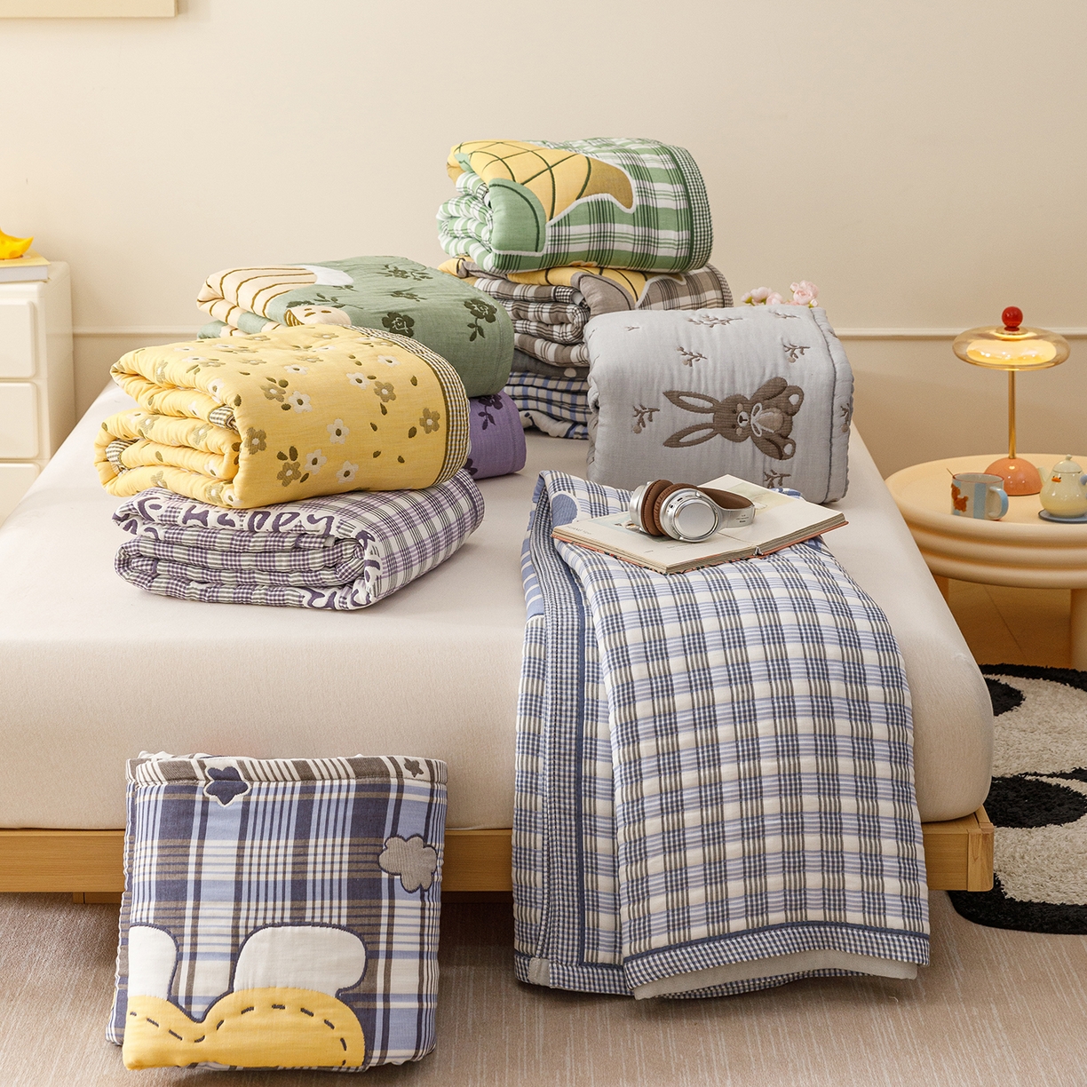 91家纺网 家纺一手货源 找家纺 朴尔家纺-毛巾被 2026新品十层轻肤纯棉云朵棉色织提花纱布泡芙被毛巾被 组合图