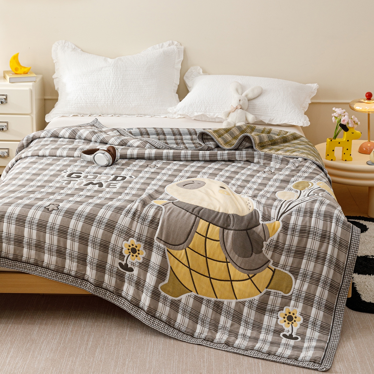 91家纺网 家纺一手货源 找家纺 朴尔家纺-毛巾被 2026新品十层轻肤纯棉云朵棉色织提花纱布泡芙被毛巾被 气球卡皮-灰