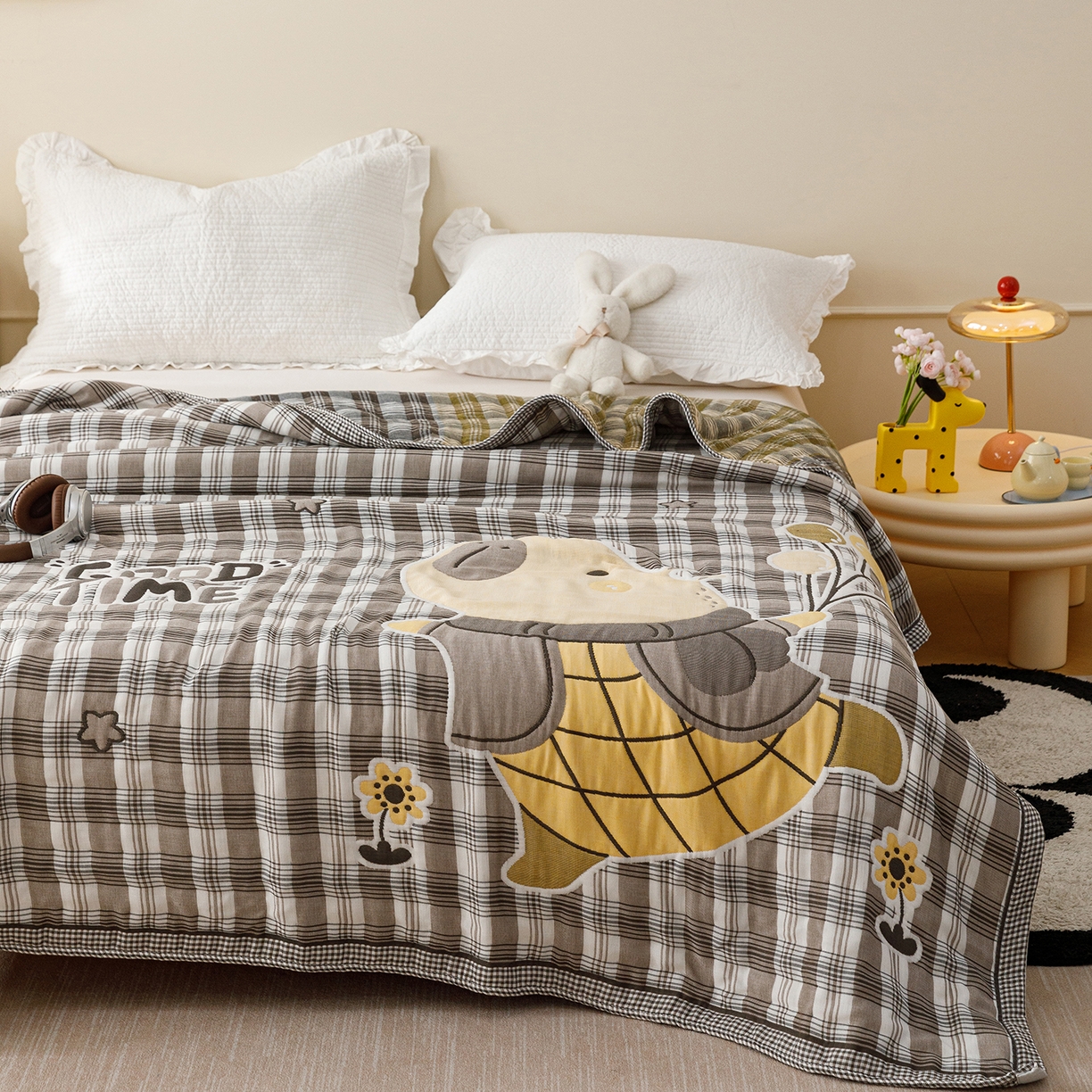 91家纺网 家纺一手货源 找家纺 朴尔家纺-毛巾被 2026新品十层轻肤纯棉云朵棉色织提花纱布泡芙被毛巾被 气球卡皮-灰