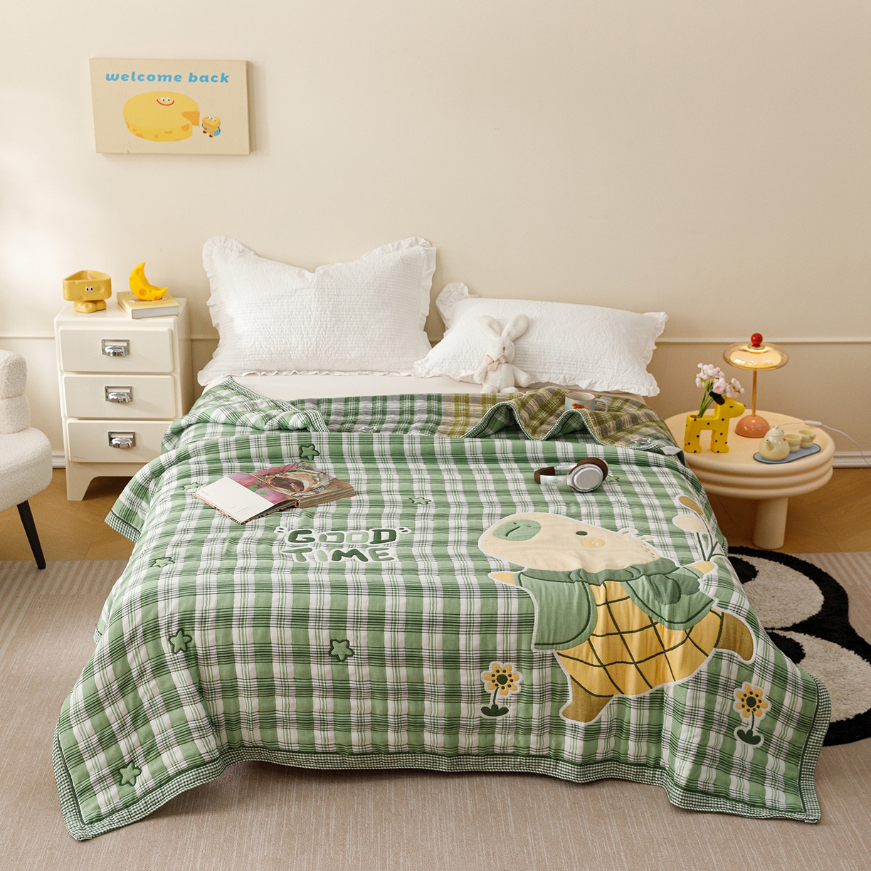 91家纺网 家纺一手货源 找家纺 朴尔家纺-毛巾被 2026新品十层轻肤纯棉云朵棉色织提花纱布泡芙被毛巾被 气球卡皮-绿