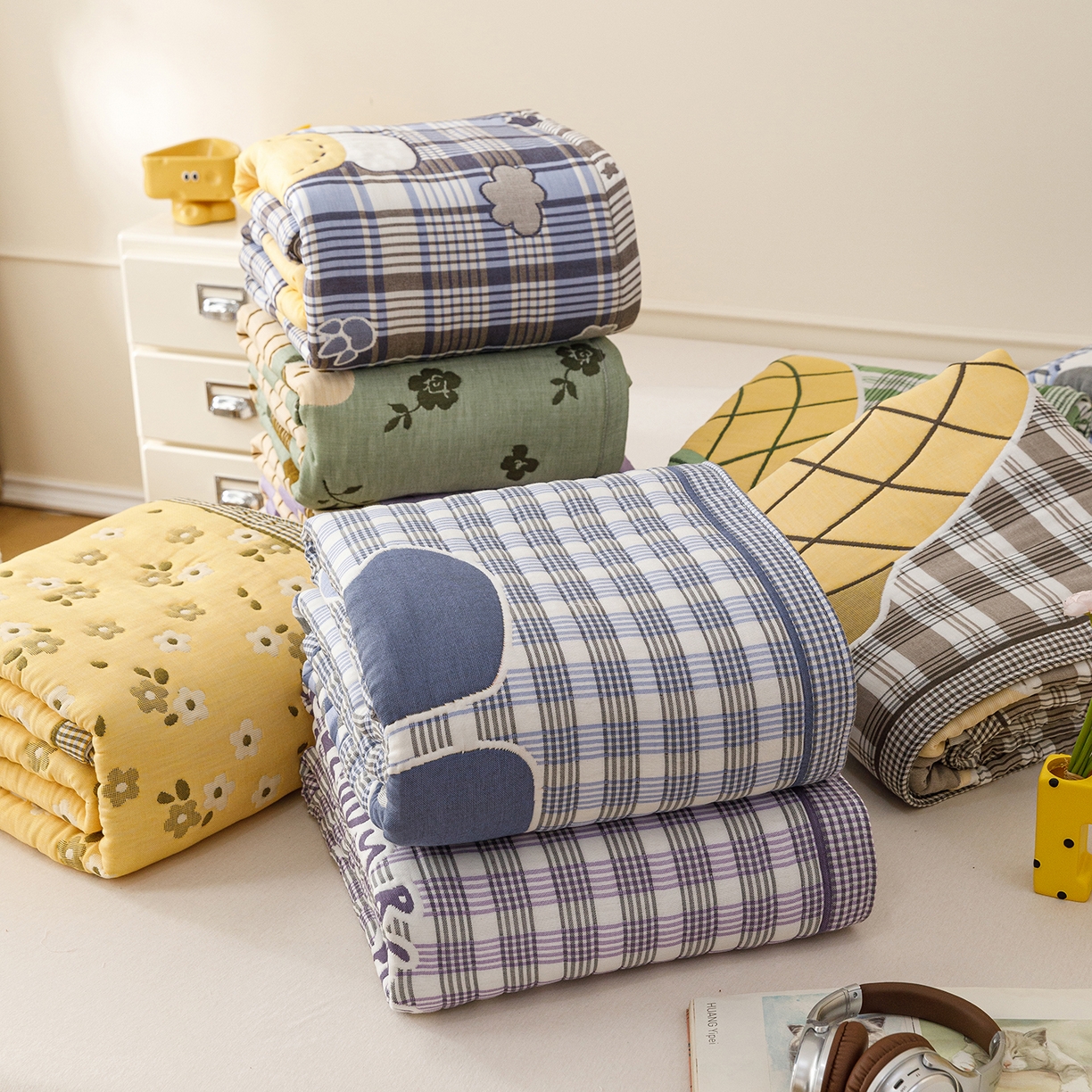 91家纺网 家纺一手货源 找家纺 朴尔家纺-毛巾被 2026新品十层轻肤纯棉云朵棉色织提花纱布泡芙被毛巾被 组合图