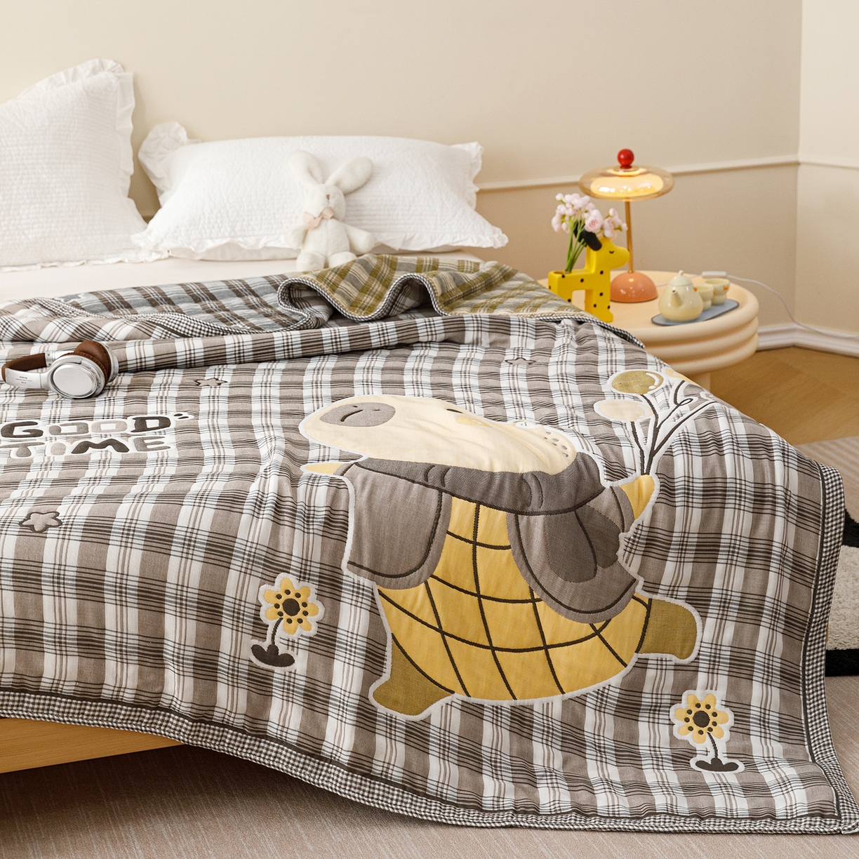 91家纺网 家纺一手货源 找家纺 朴尔家纺-毛巾被 2026新品十层轻肤纯棉云朵棉色织提花纱布泡芙被毛巾被 气球卡皮-灰