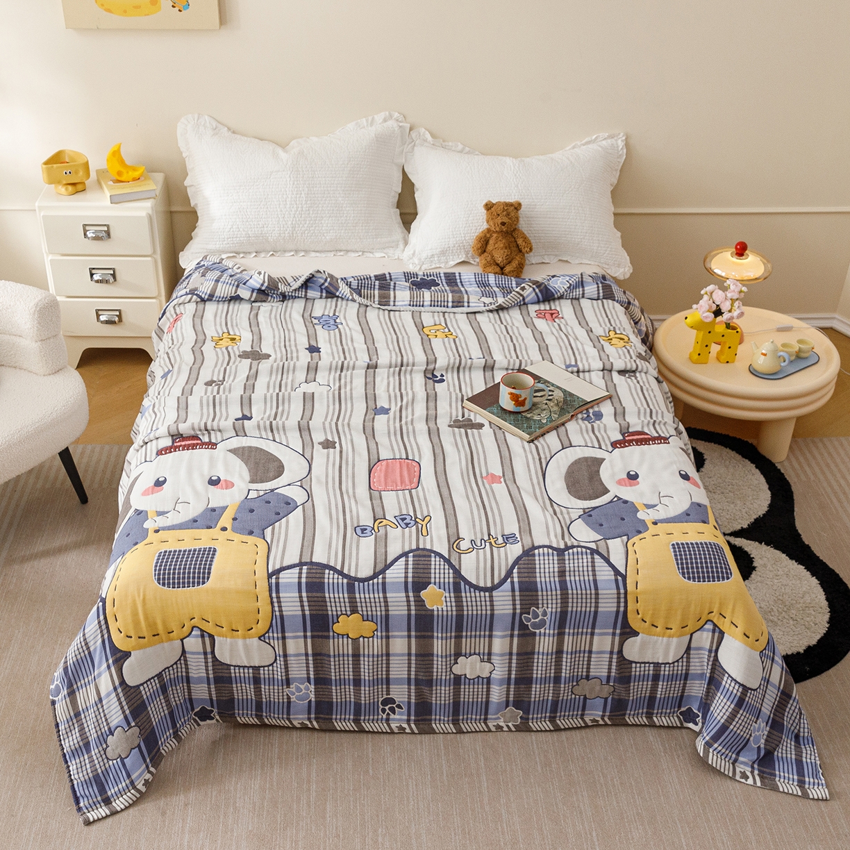 91家纺网 家纺一手货源 找家纺 朴尔家纺-毛巾被 2026新品十层轻肤纯棉云朵棉色织提花纱布泡芙被毛巾被 喜乐象