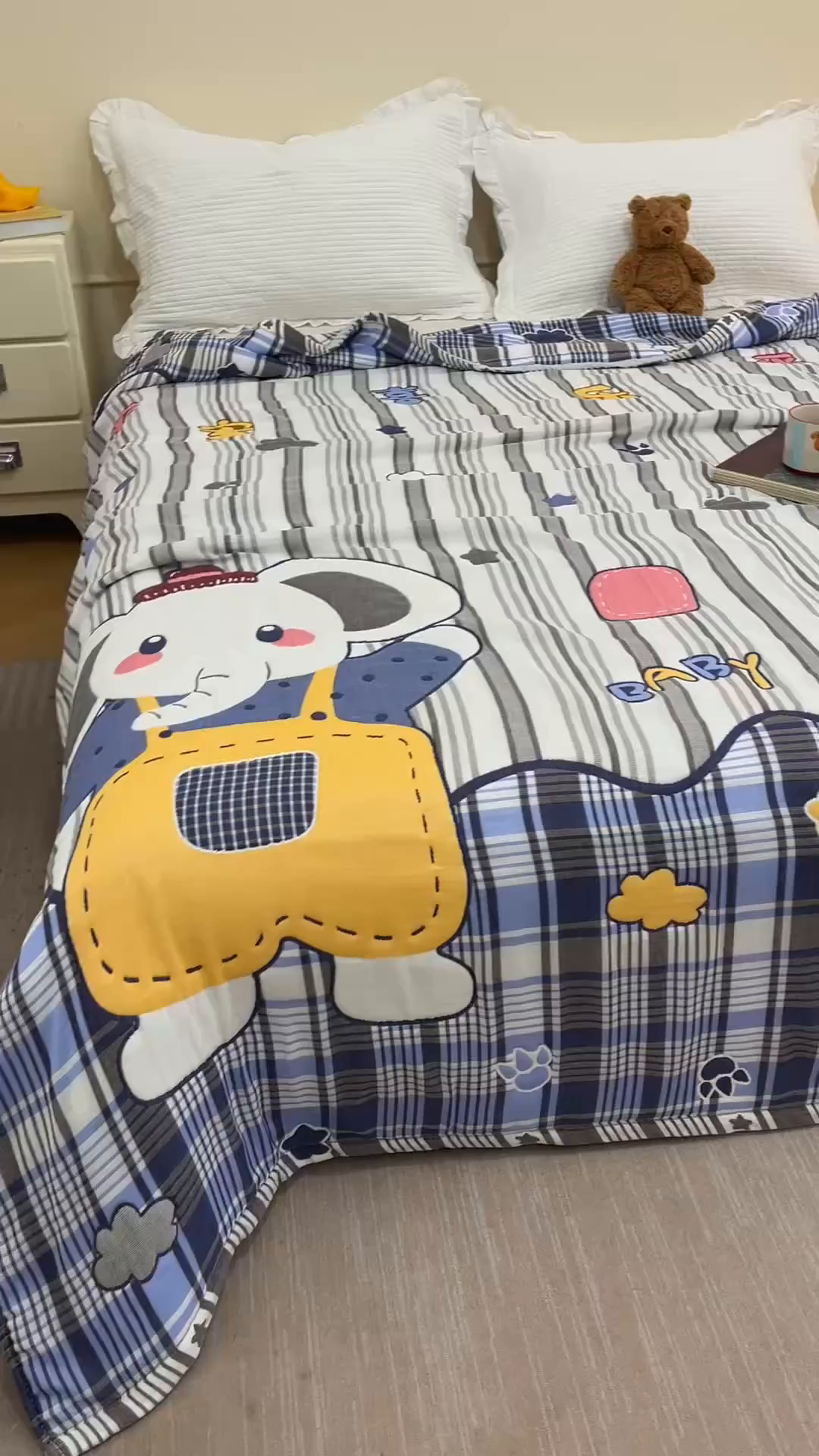 91家纺网 家纺一手货源 找家纺 朴尔家纺-毛巾被 2026新品十层轻肤纯棉云朵棉色织提花纱布泡芙被毛巾被 喜乐象