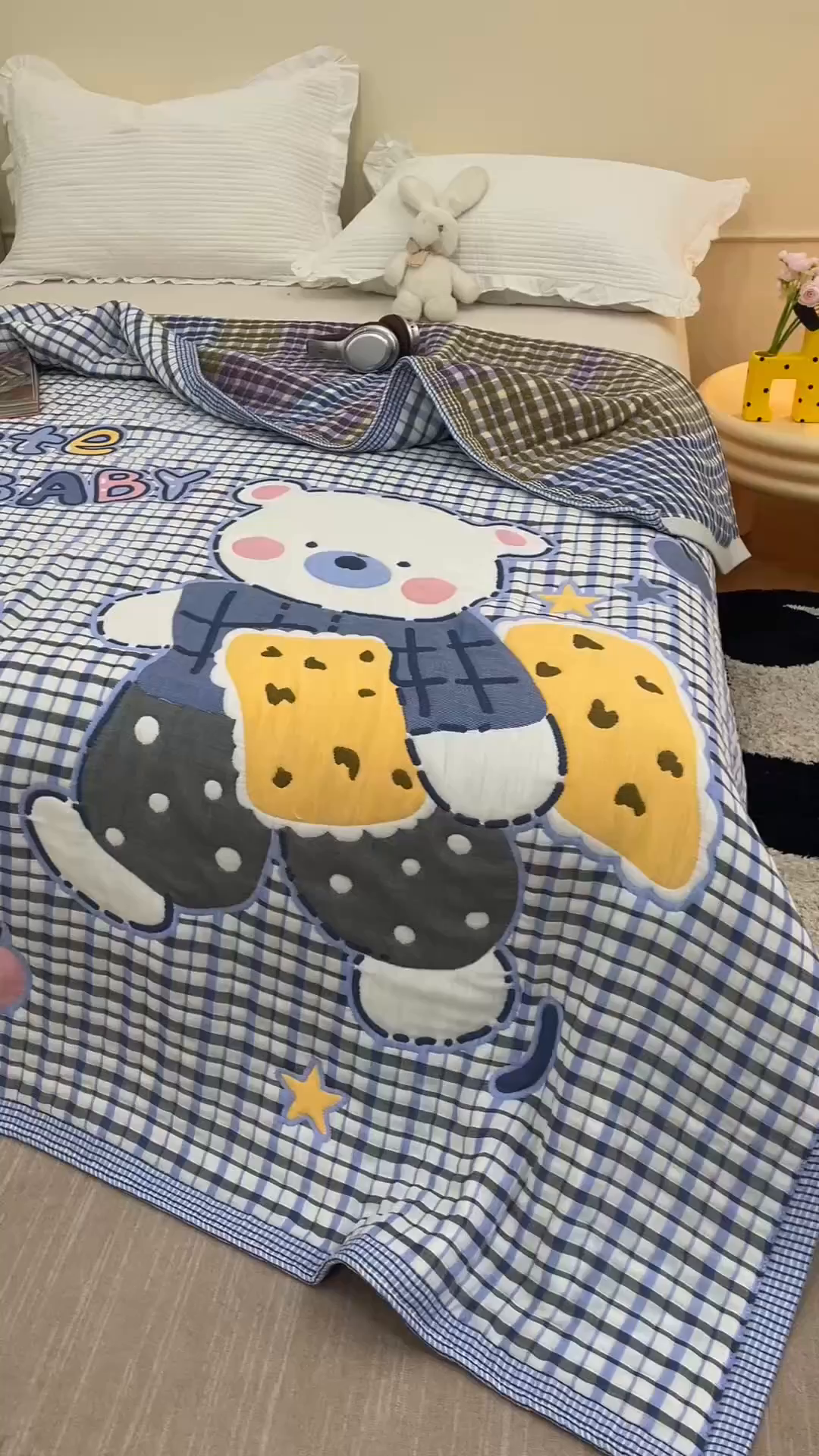 91家纺网 家纺一手货源 找家纺 朴尔家纺-毛巾被 2026新品十层轻肤纯棉云朵棉色织提花纱布泡芙被毛巾被 萌萌宝贝