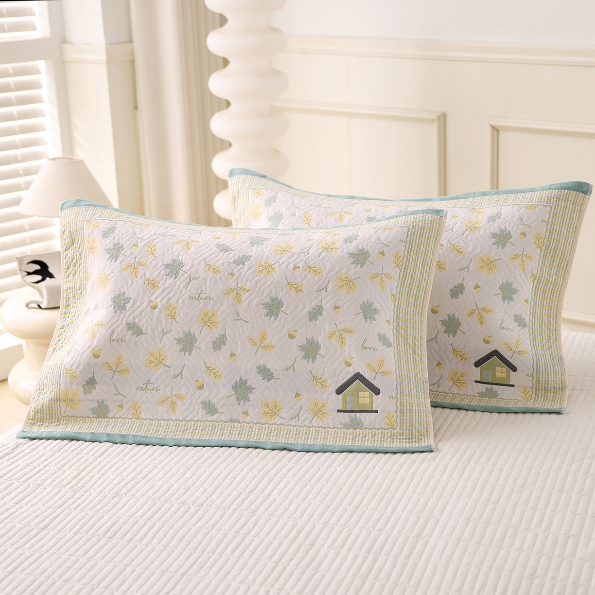 91家纺网 家纺一手货源 找家纺 朴尔家纺-毛巾被 2026新品小清新纯棉色织高密多层纱布枕巾 枫之叶-绿