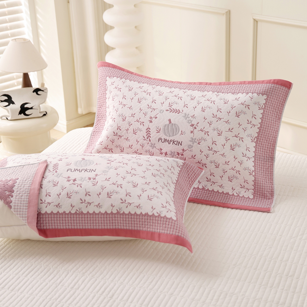 朴尔家纺-毛巾被 2026新品小清新纯棉色织高密多层纱布枕巾 花韵南瓜-粉