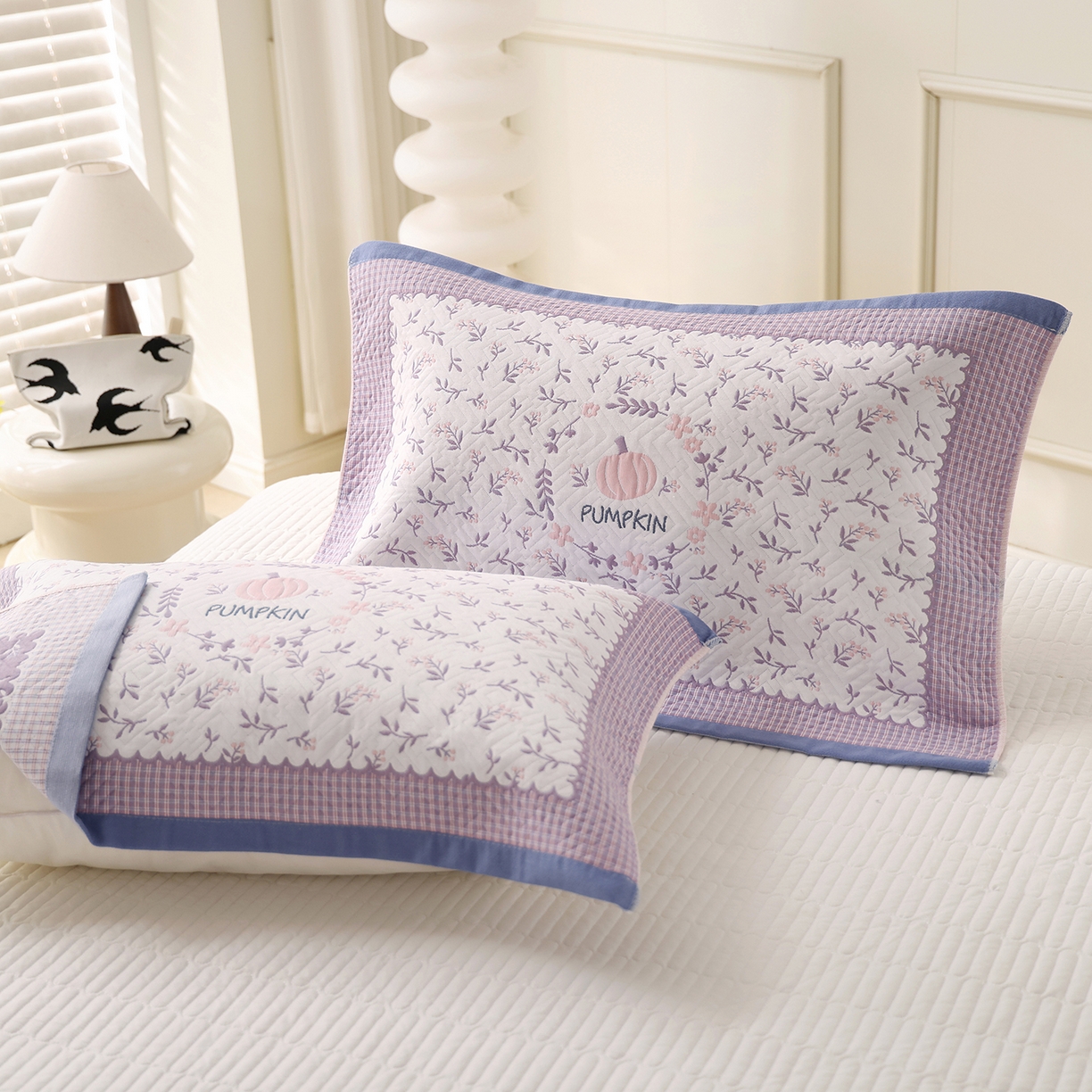 朴尔家纺-毛巾被 2026新品小清新纯棉色织高密多层纱布枕巾 花韵南瓜-蓝