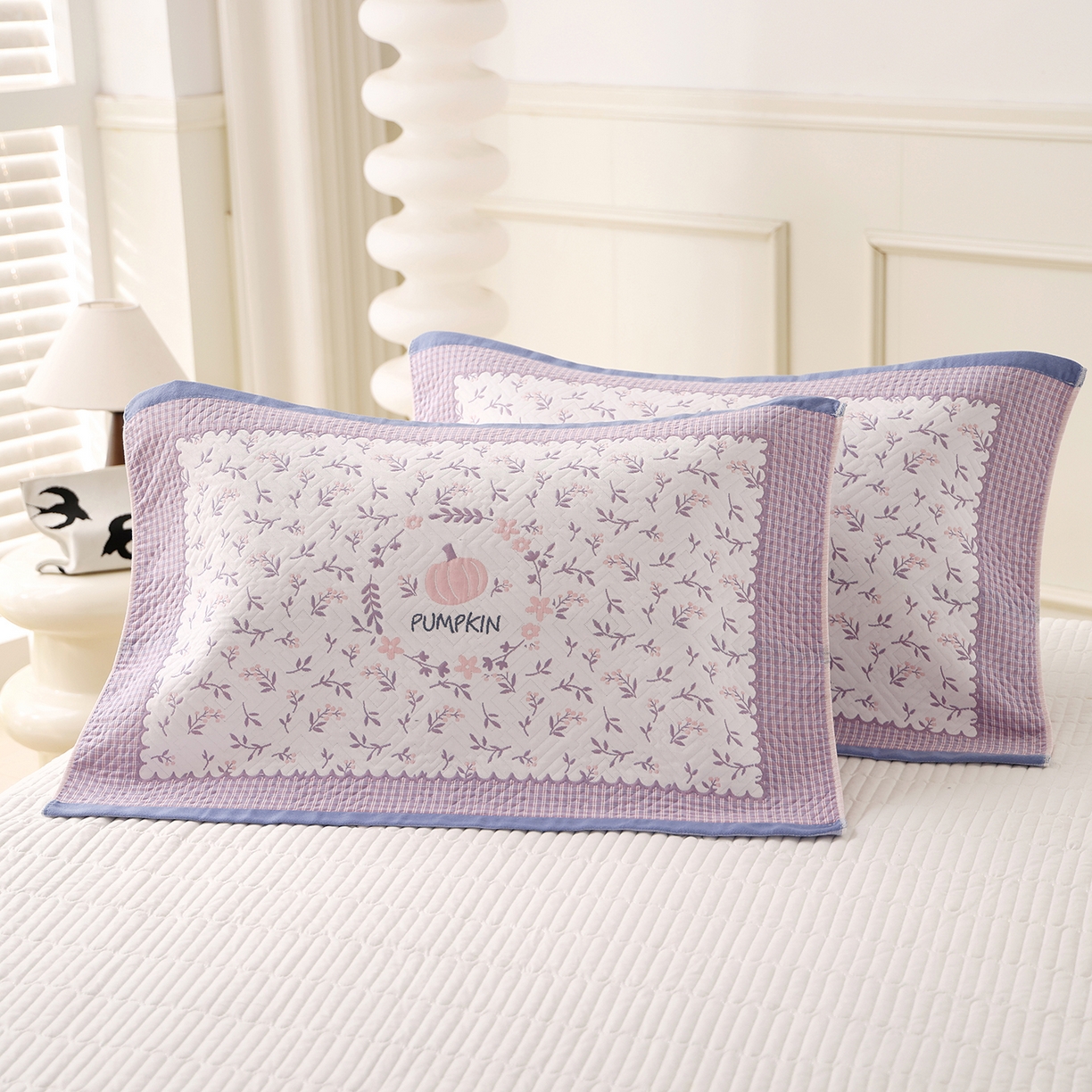 91家纺网 家纺一手货源 找家纺 朴尔家纺-毛巾被 2026新品小清新纯棉色织高密多层纱布枕巾 花韵南瓜-蓝