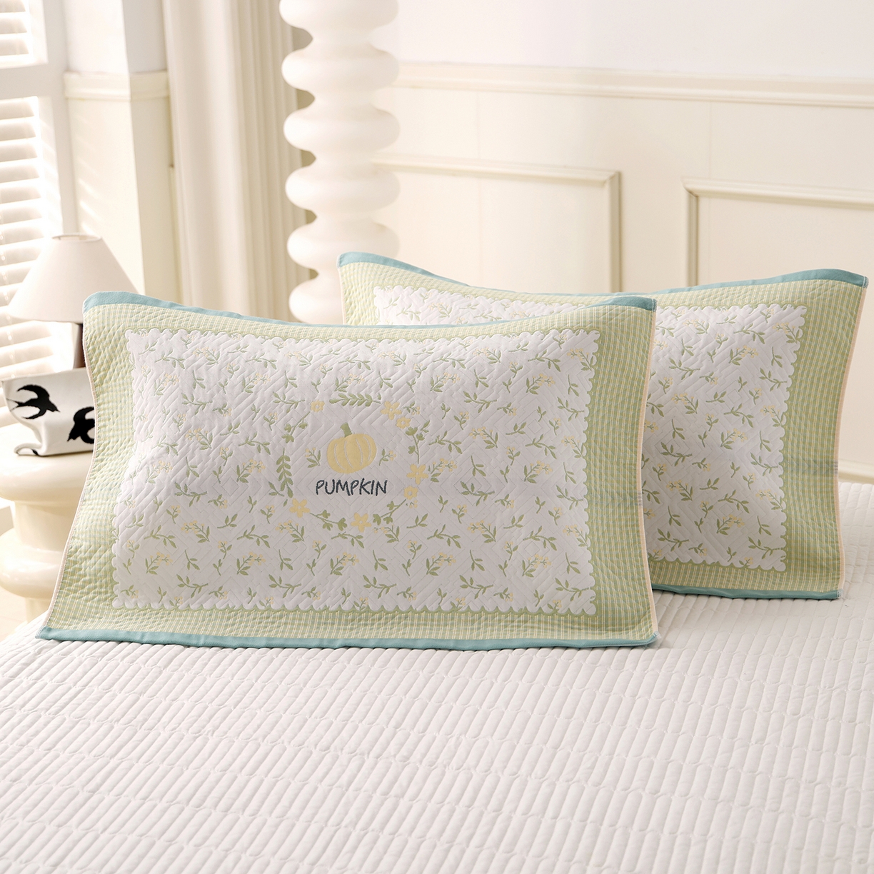 91家纺网 家纺一手货源 找家纺 朴尔家纺-毛巾被 2026新品小清新纯棉色织高密多层纱布枕巾 花韵南瓜-绿