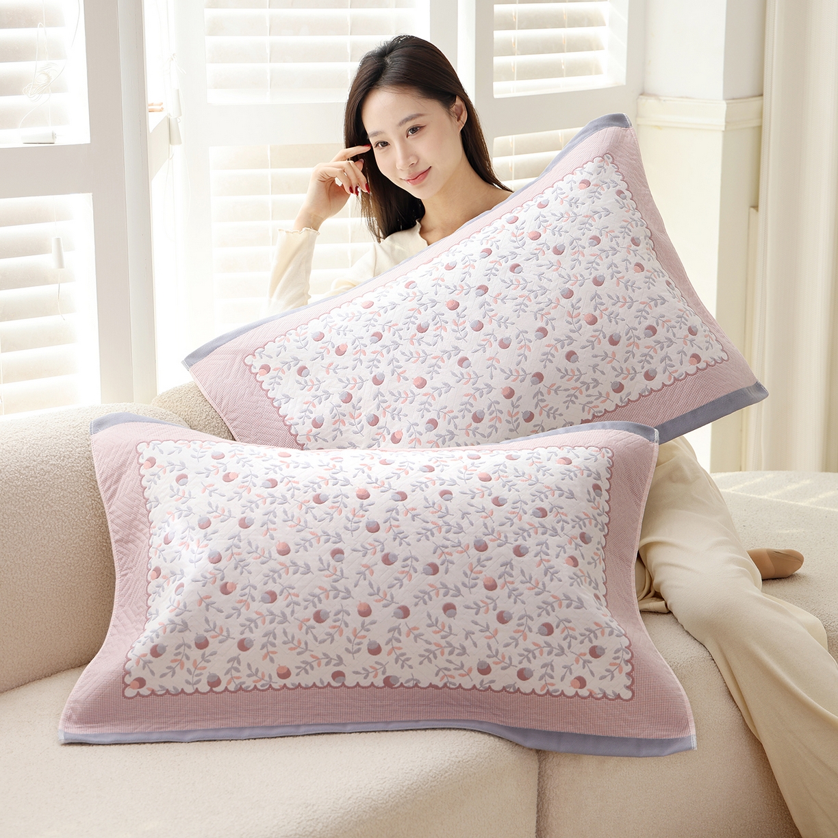 91家纺网 家纺一手货源 找家纺 朴尔家纺-毛巾被 2026新品小清新纯棉色织高密多层纱布枕巾 恋恋榛果-灰