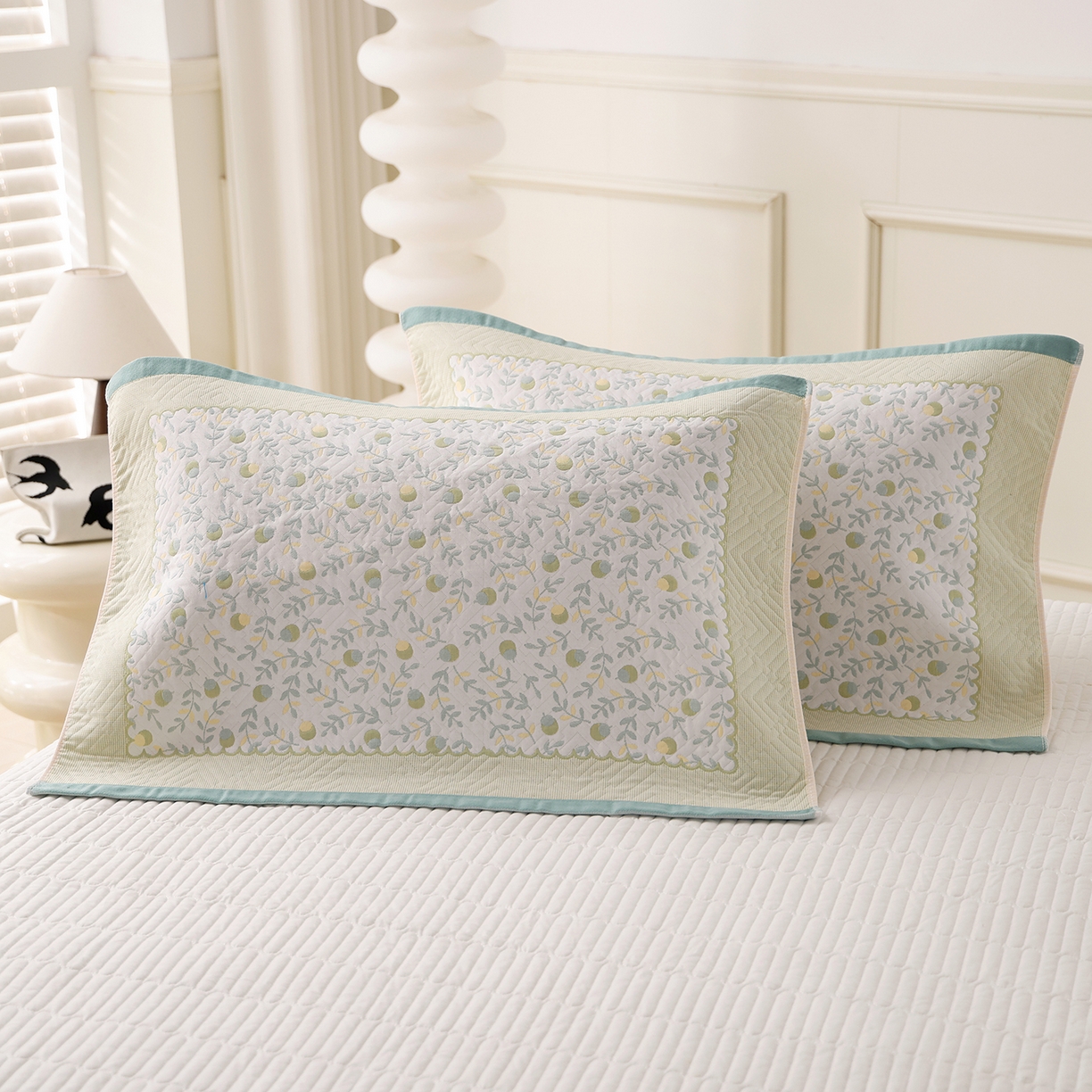 91家纺网 家纺一手货源 找家纺 朴尔家纺-毛巾被 2026新品小清新纯棉色织高密多层纱布枕巾 恋恋榛果-绿