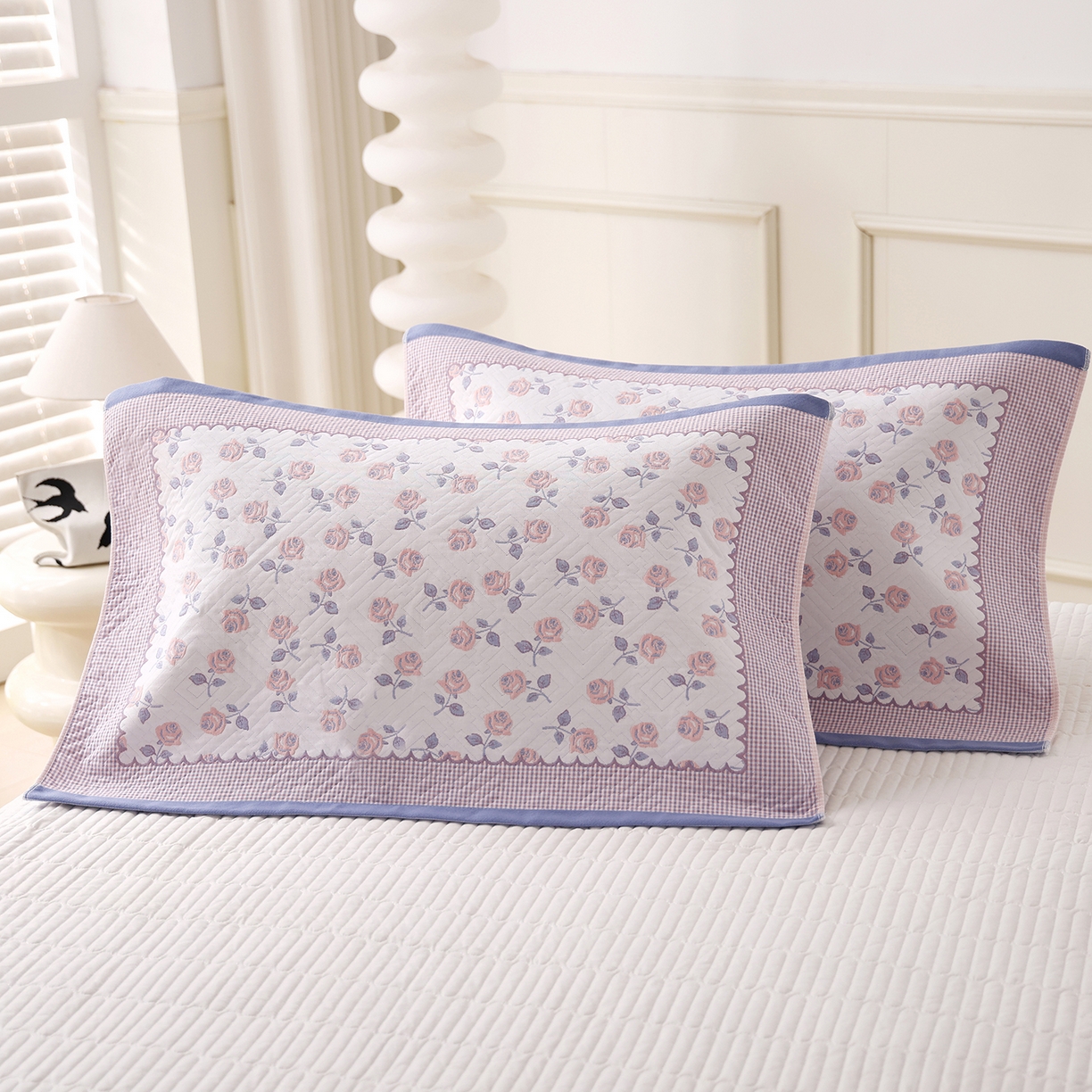 91家纺网 家纺一手货源 找家纺 朴尔家纺-毛巾被 2026新品小清新纯棉色织高密多层纱布枕巾 漫漫蔷薇-蓝