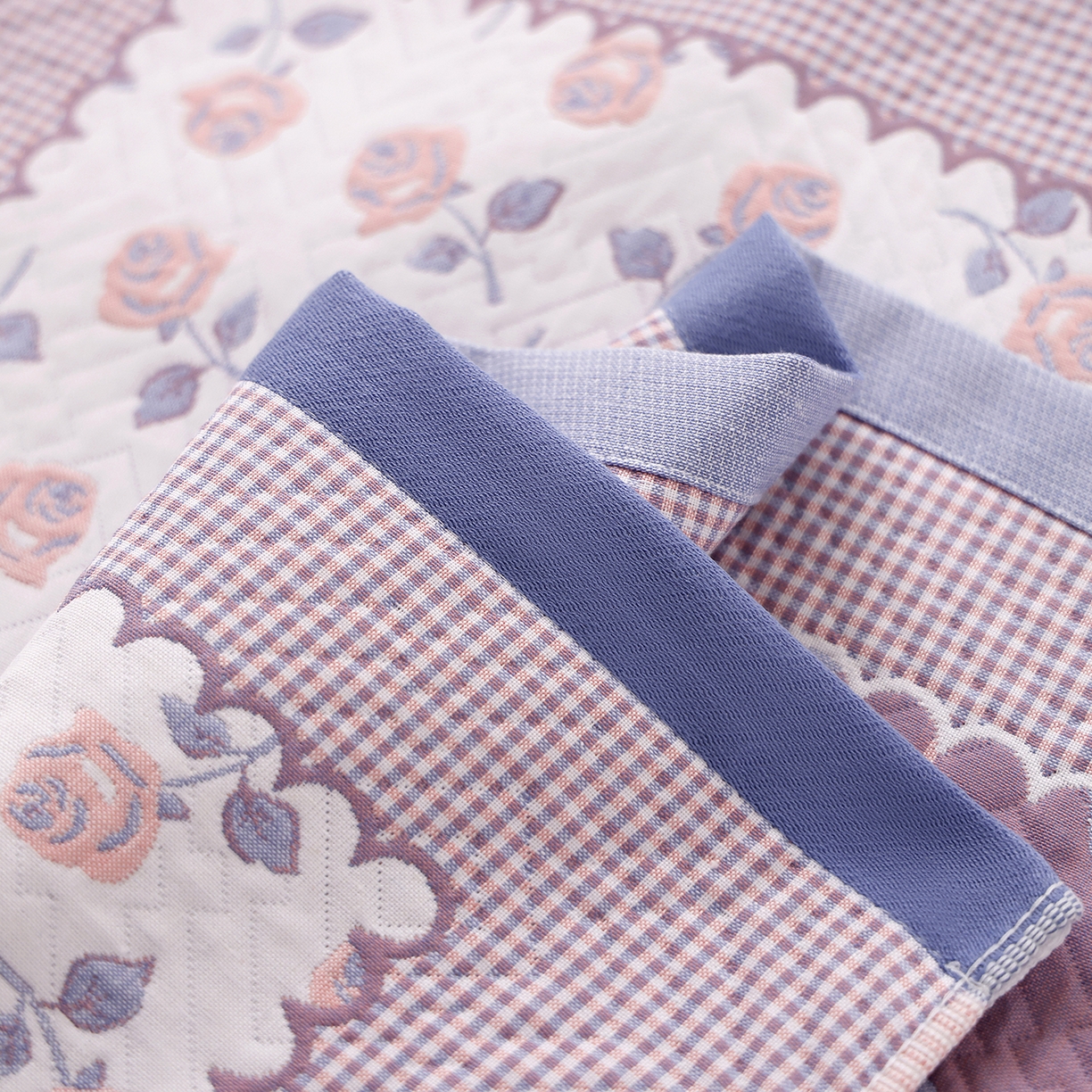 91家纺网 家纺一手货源 找家纺 朴尔家纺-毛巾被 2026新品小清新纯棉色织高密多层纱布枕巾 漫漫蔷薇-蓝