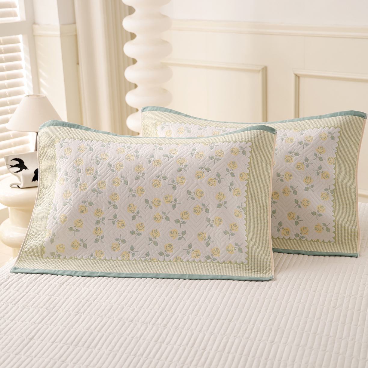 91家纺网 家纺一手货源 找家纺 朴尔家纺-毛巾被 2026新品小清新纯棉色织高密多层纱布枕巾 漫漫蔷薇-绿