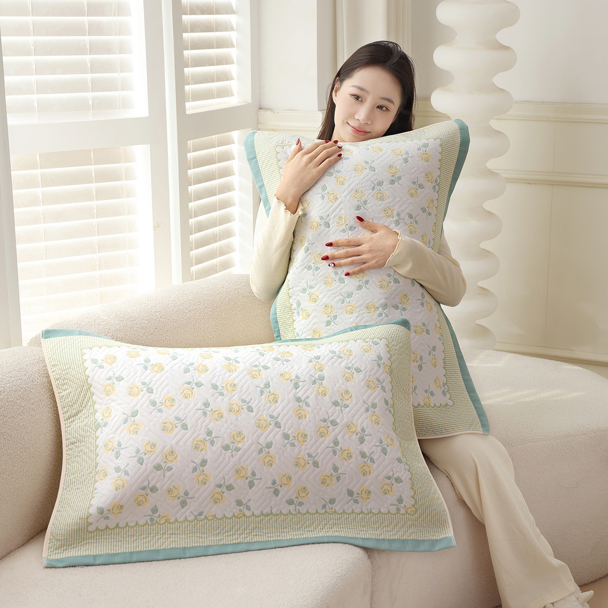 91家纺网 家纺一手货源 找家纺 朴尔家纺-毛巾被 2026新品小清新纯棉色织高密多层纱布枕巾 漫漫蔷薇-绿