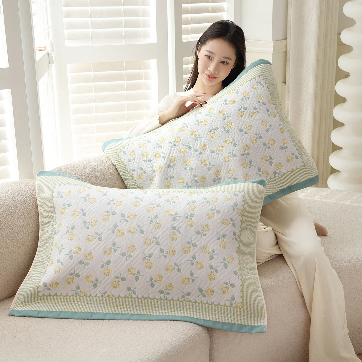 91家纺网 家纺一手货源 找家纺 朴尔家纺-毛巾被 2026新品小清新纯棉色织高密多层纱布枕巾 漫漫蔷薇-绿