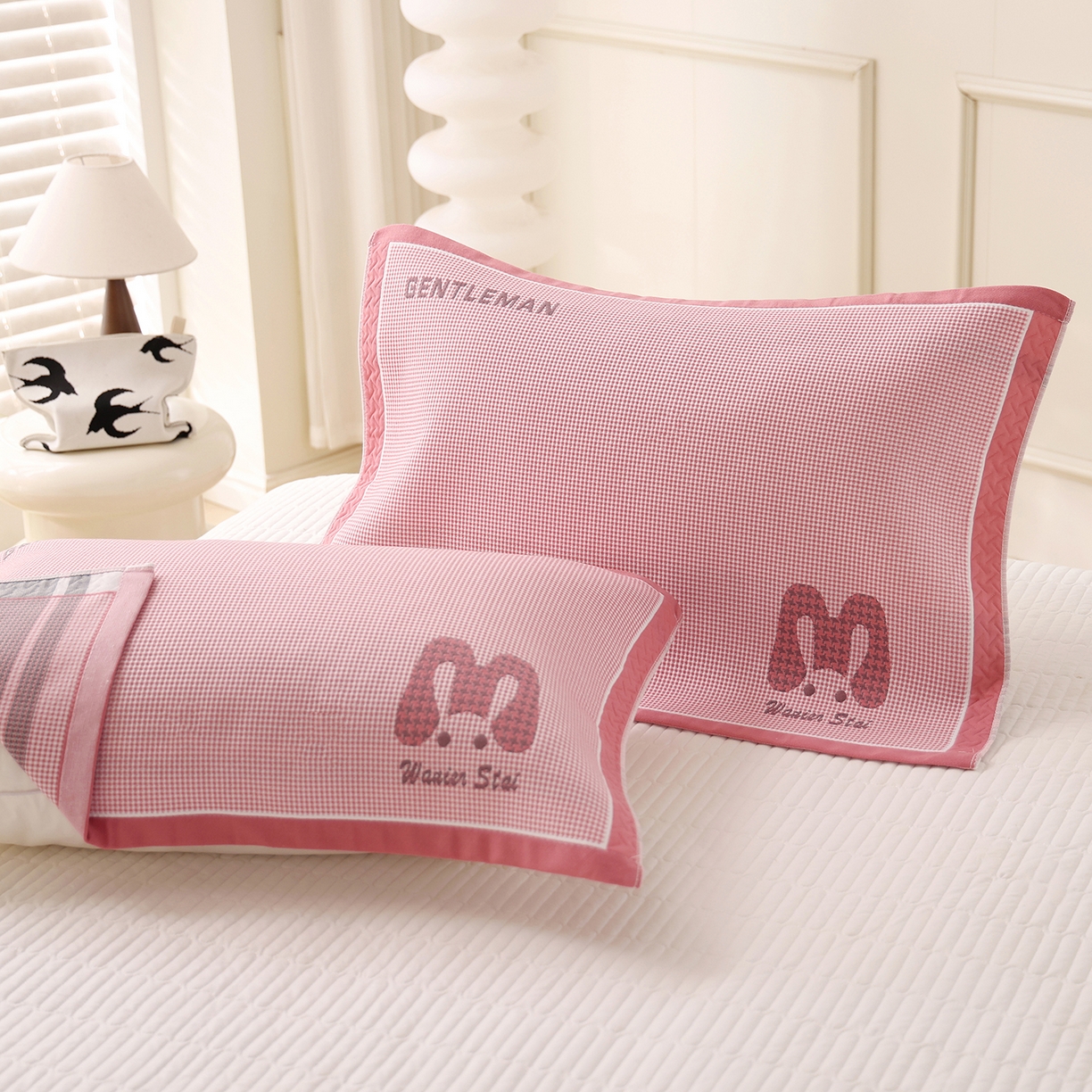 朴尔家纺-毛巾被 2026新品小清新纯棉色织高密多层纱布枕巾 千鸟长耳兔-粉