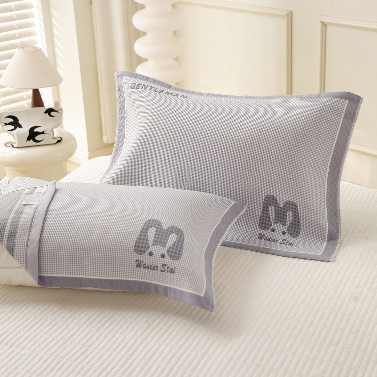 朴尔家纺-毛巾被 2026新品小清新纯棉色织高密多层纱布枕巾 千鸟长耳兔-灰