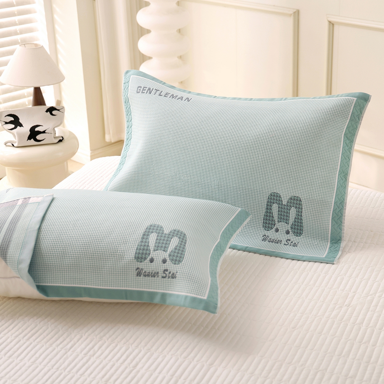 朴尔家纺-毛巾被 2026新品小清新纯棉色织高密多层纱布枕巾 千鸟长耳兔-绿