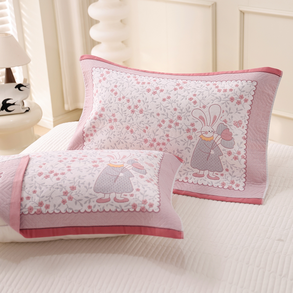 朴尔家纺-毛巾被 2026新品小清新纯棉色织高密多层纱布枕巾 幸福时光-粉