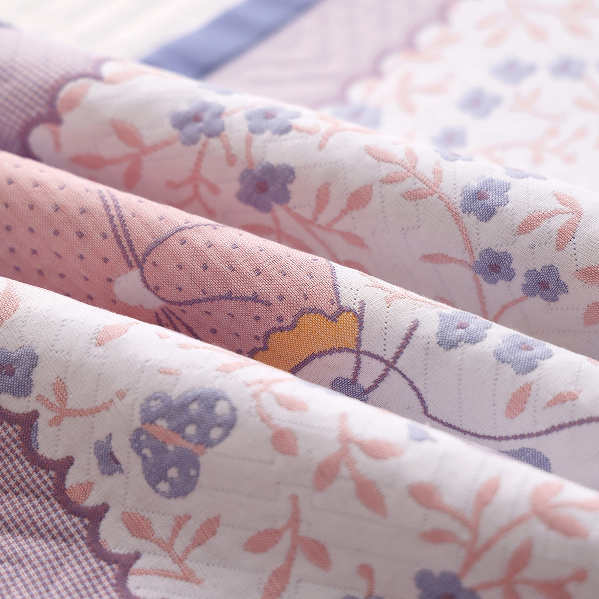 91家纺网 家纺一手货源 找家纺 朴尔家纺-毛巾被 2026新品小清新纯棉色织高密多层纱布枕巾 幸福时光-蓝