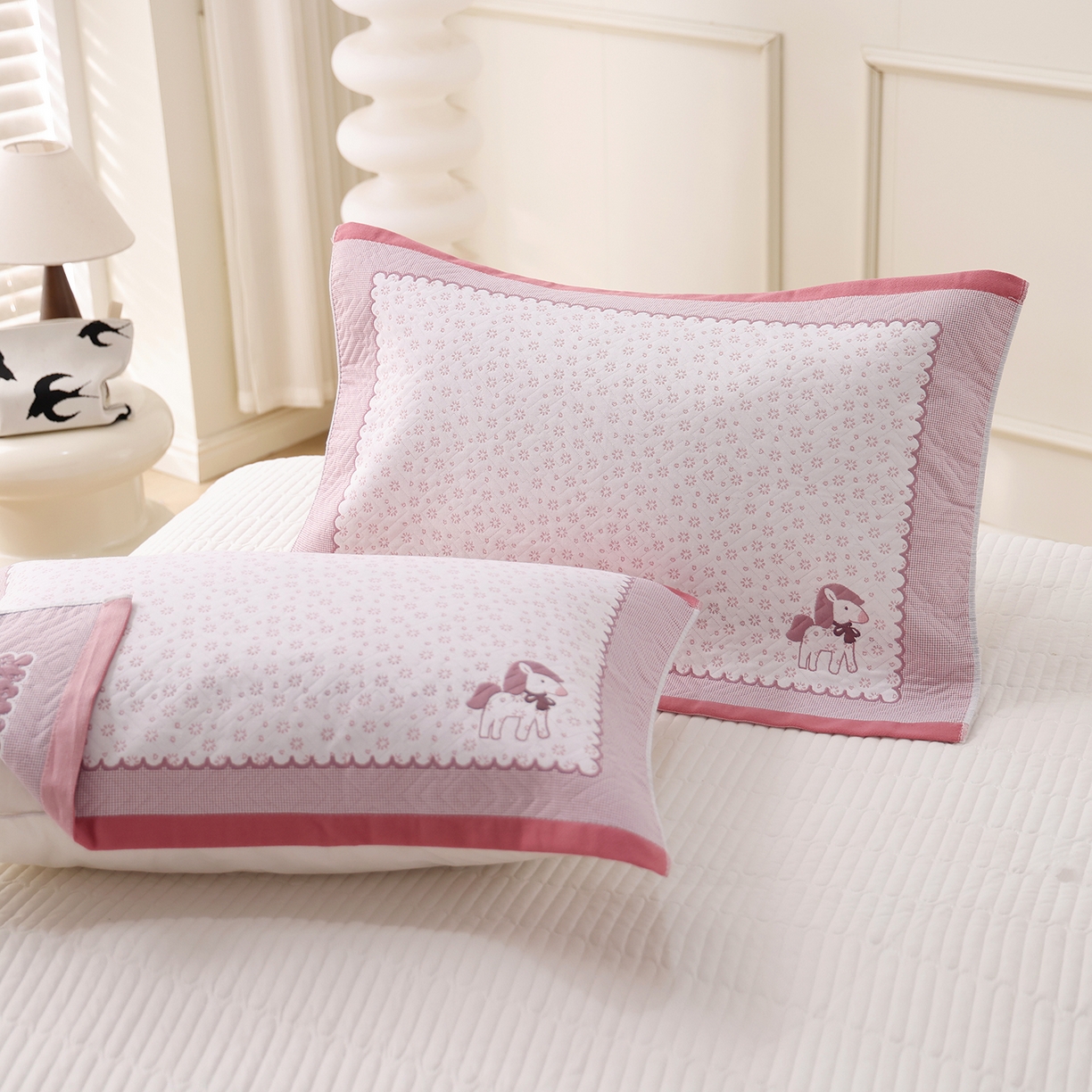 朴尔家纺-毛巾被 2026新品小清新纯棉色织高密多层纱布枕巾 雪花萌马-粉