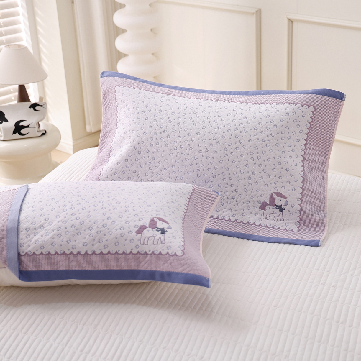 朴尔家纺-毛巾被 2026新品小清新纯棉色织高密多层纱布枕巾 雪花萌马-蓝