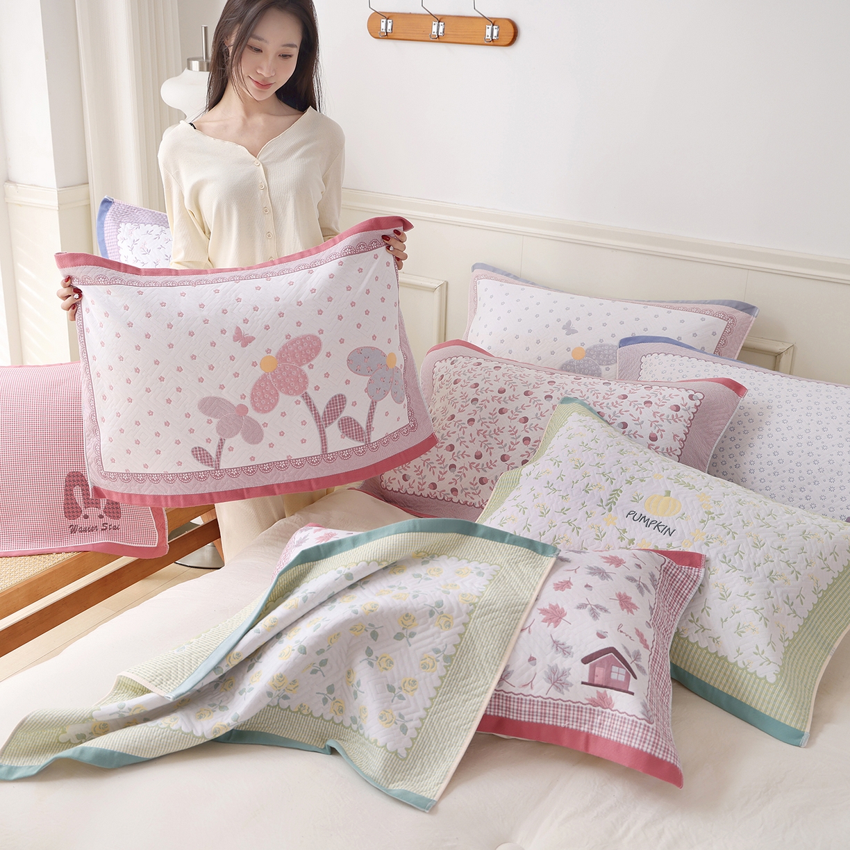 朴尔家纺-毛巾被 2026新品小清新纯棉色织高密多层纱布枕巾 组合图