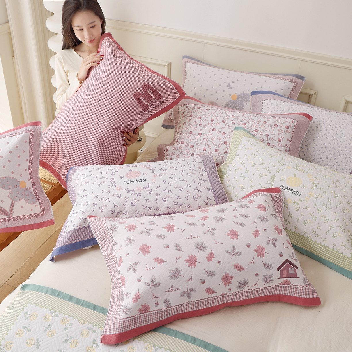 91家纺网 家纺一手货源 找家纺 朴尔家纺-毛巾被 2026新品小清新纯棉色织高密多层纱布枕巾 组合图