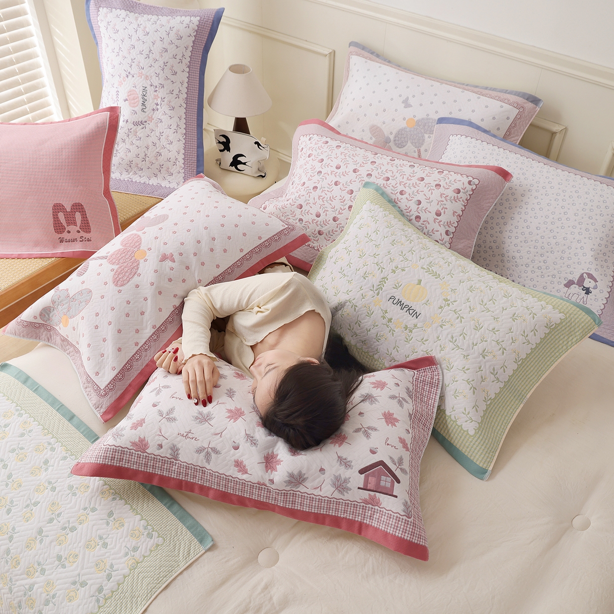 91家纺网 家纺一手货源 找家纺 朴尔家纺-毛巾被 2026新品小清新纯棉色织高密多层纱布枕巾 组合图