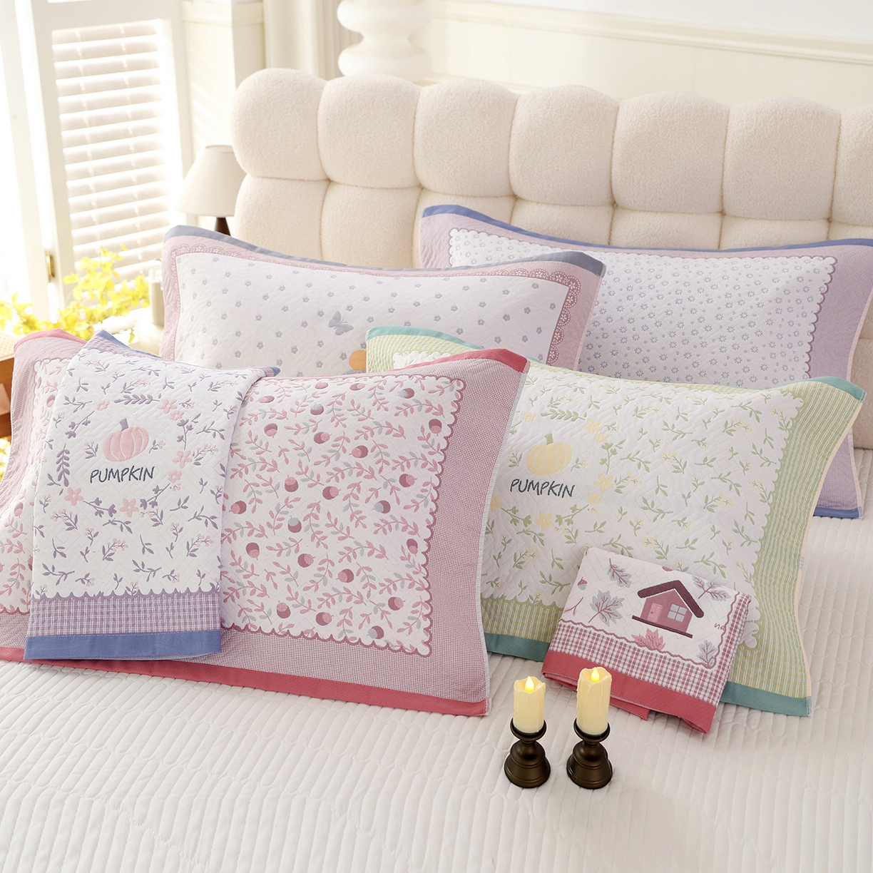 91家纺网 家纺一手货源 找家纺 朴尔家纺-毛巾被 2026新品小清新纯棉色织高密多层纱布枕巾 组合图