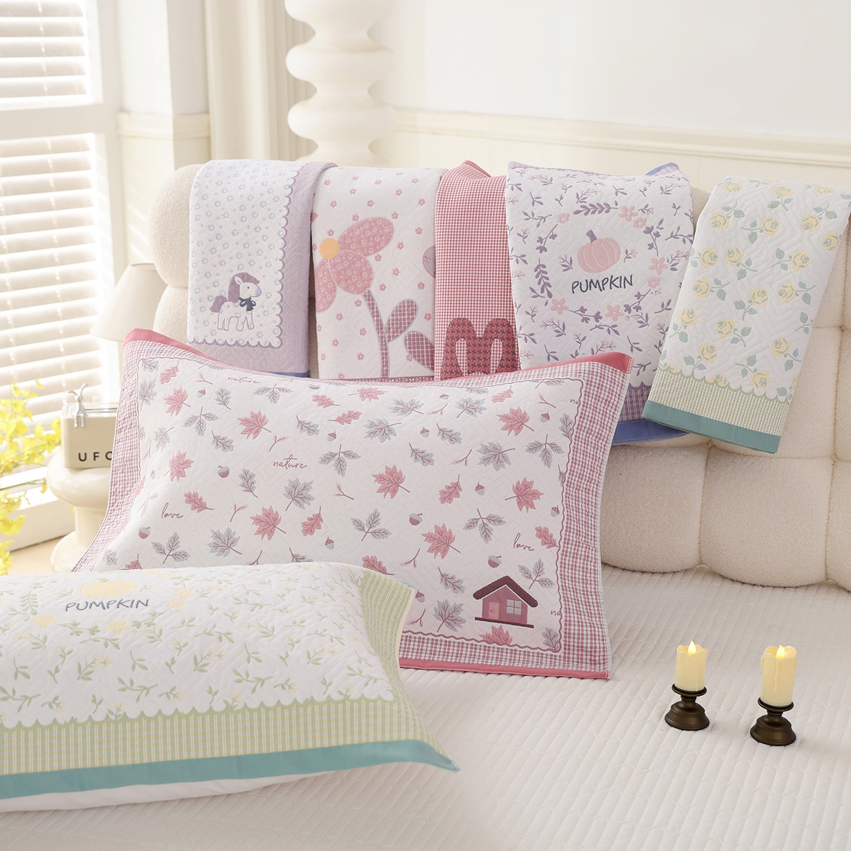 91家纺网 家纺一手货源 找家纺 朴尔家纺-毛巾被 2026新品小清新纯棉色织高密多层纱布枕巾 组合图