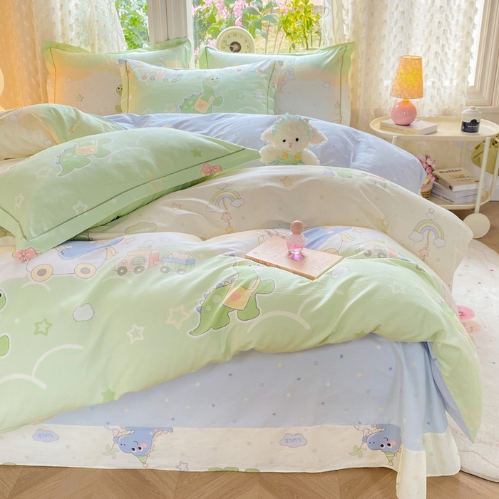 91家纺网 家纺一手货源 找家纺 凌鼎 2025新款多规格掉边13070全棉四件套 百变恐龙绿